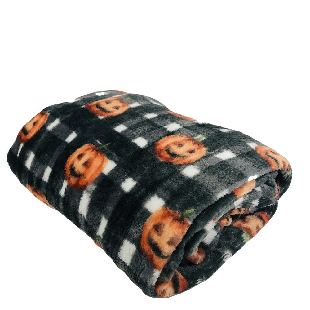 Halloween Plush Throw Blanket Black White Buffalo Check with Jack O Lanterns New